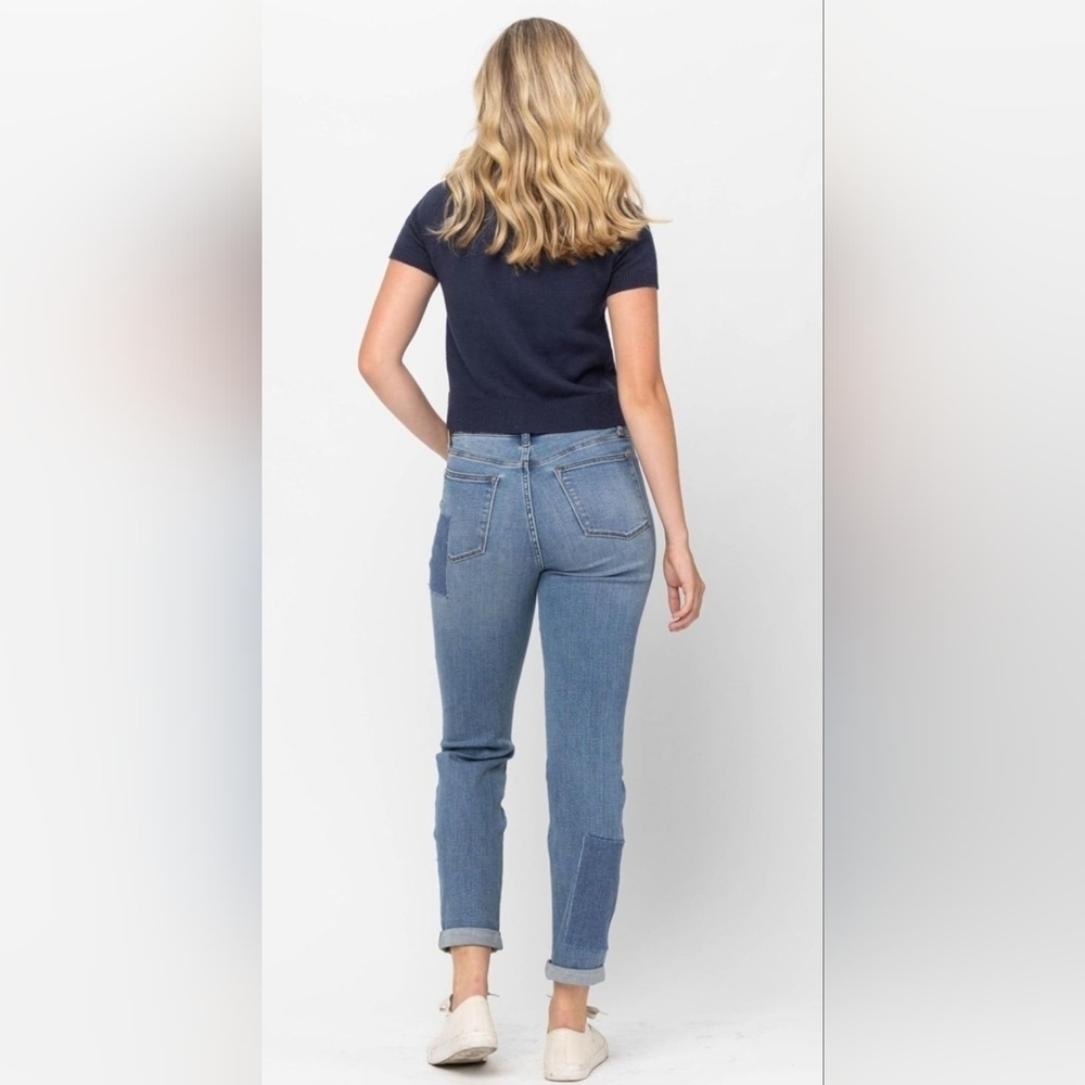 Judy Blue High Rise Medium Wash Patched Straight Leg Boyfriend Fit Jeans 7/28 - Picture 7 of 12